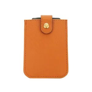 Slim orange PU leather card holder wallet with secure snap button closure for cards