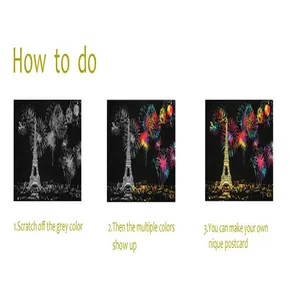Detailed instructions for scratch art postcard showing step-by-step colorful reveals