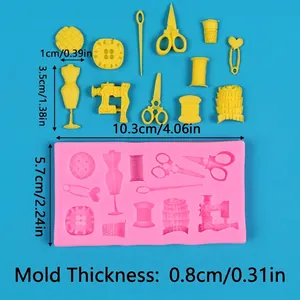 Sewing themed silicone mold for fondant and chocolate with measurements shown