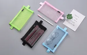Various colorful semi-transparent mesh pencil cases for students with pen storage