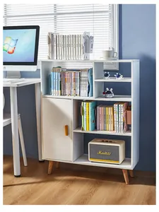 Close-up of telescopic bookends in blue and pink on a white wooden bookshelf