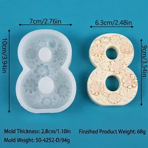 DIY Number 8 floral silicone candle mold and finished wax product with dimensions
