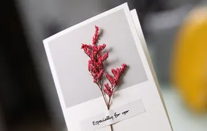 Close-up of elegant greeting card with dried red flowers and 'Especially for you' text.