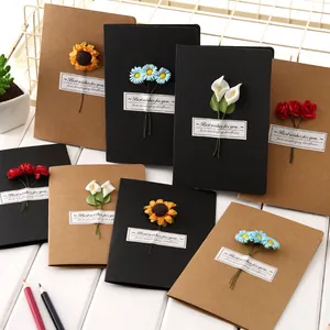 Handmade Retro Kraft Paper 3D Dried Flower Greeting Card Best Wishes Stationery Cards For Wedding Birthday Festival Gift