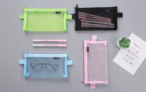 Set of four translucent mesh pencil cases in green, black, blue, and pink colors