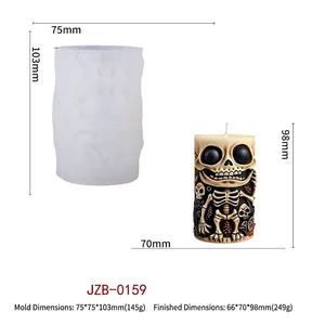 Detailansicht der Halloween Skelett Silikonform und Abmessungen der fertigen Kerze.