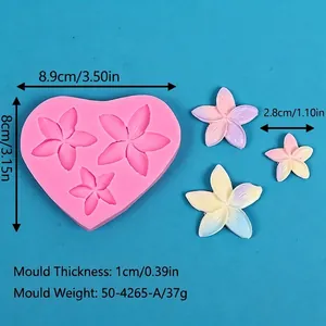 Detailed view of pink heart-shaped plumeria flower silicone mold with dimensions