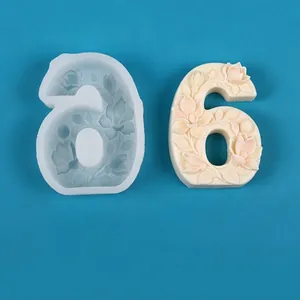 Detailed view of number 6 floral candle silicone mold showing dimensions and weight info