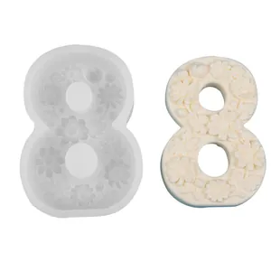 Detail showing number 8 floral silicone mold and 3D flower textured candle finish
