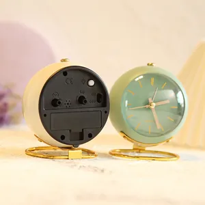 Minimalist round mini desktop alarm clock with gold stand for bedroom