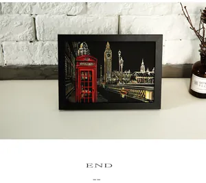 Framed London city night view scratch painting art with Big Ben and telephone booth