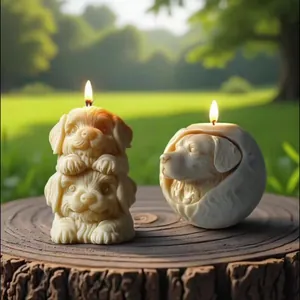 Creative handmade puppy-shaped scented candles on a wooden base for cozy home decor