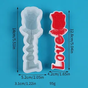 Silicone mold with rose and LOVE letter design, including detailed dimensions.
