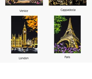 Detalle de las tarjetas de rascar de ciudades: Londres, París, Venecia y Capadocia.