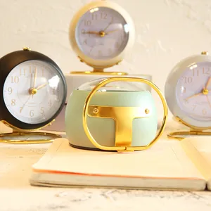 Minimalist mini round desktop alarm clock with gold stand for stylish bedroom decor