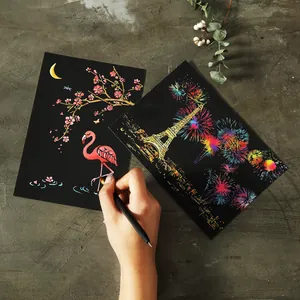 DIY Scratch Art Postcard Set City Nightscape Animal Floral Pattern Painting With Wooden Scratching Tool Stress Relief Gift