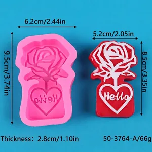 Detail view of a rose and heart silicone mold showing dimensions and finished product.