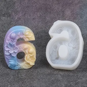 Floral embossed number 6 silicone mold for candle making, fondant, and resin crafts