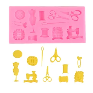 Sewing themed silicone mold for fondant cake decorating with scissors and machine shapes.