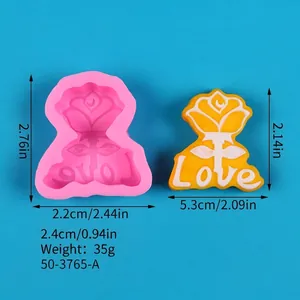 Detailed view of rose 'Love' silicone mold showing precise dimensions and product weight
