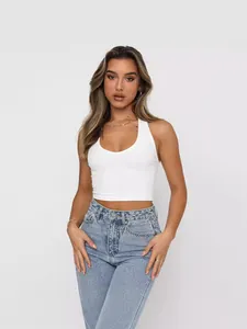 Top corto bianco smanicato con scollo a V e allacciatura al collo per donna, moda estiva