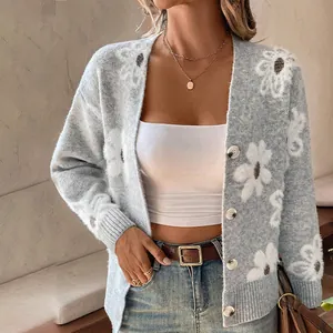 Detailed view of women's gray loose floral knitted cardigan with soft mink velvet texture