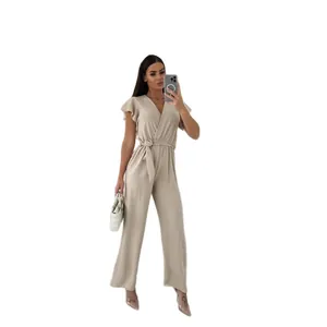 Elegant beige V-neck jumpsuit featuring flutter sleeves and a waist tie for women