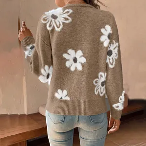Back view of women's brown floral knitted cardigan featuring fuzzy white daisy patterns and soft texture