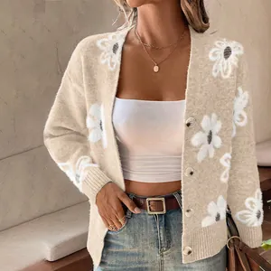 Stylish beige floral knit cardigan with soft mink-like texture and button details