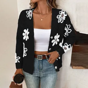 Women's loose black knit cardigan with white flower patterns for spring and autumn