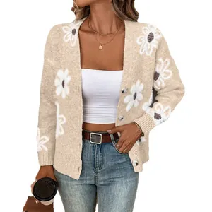 Elegant floral knit cardigan sweater for women in a comfortable oversized fit