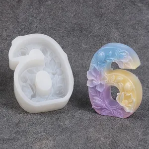 Detailed 3D floral relief number 6 silicone mold for DIY candles and resin art projects