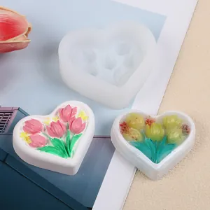 Close-up detail of heart-shaped tulip silicone mold with finished plaster aroma stones