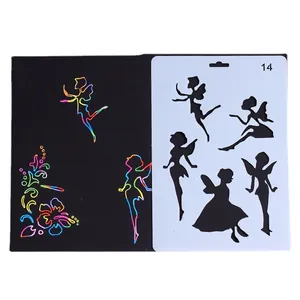 Fairy silhouette drawing stencil for DIY scratch art with vibrant rainbow effects