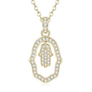 Elegant 14K gold plated Hamsa Hand hollow pendant necklace with sparkling pavé cubic zirconia stones