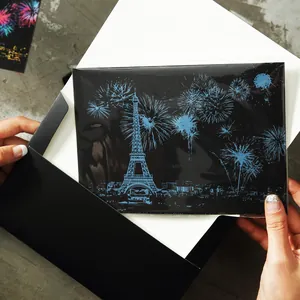 Paris Eiffel Tower night scene scratch art postcard set with creative black envelope gift