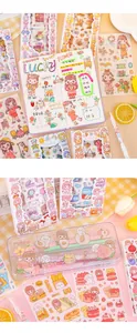 Detailed view of cute cartoon character and food stickers for scrapbooking decoration