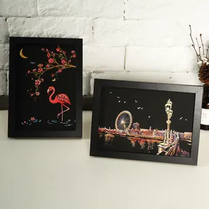 Framed scratch art set featuring London night view and flamingo for DIY home decor
