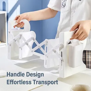 Minimalist white adjustable telescoping bookend with handle and storage bin for desk