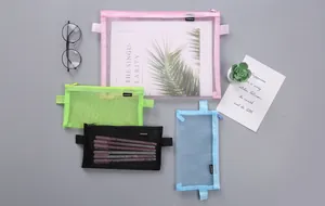Assorted transparent mesh zipper bags in pink, green, and blue for stationery and A4 documents