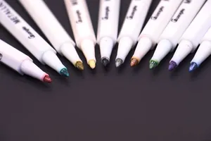 Detailed macro shot of various metallic marker tips in a vibrant color range