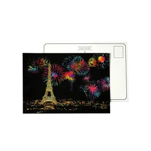 Creative scratch art postcard set featuring colorful city night view of Eiffel Tower