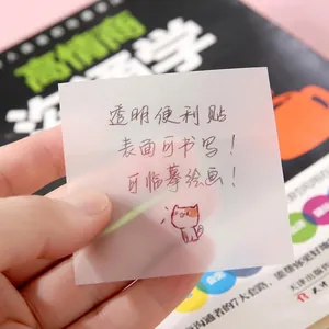 Detail view of a transparent waterproof sticky note for tracing and writing on a book.