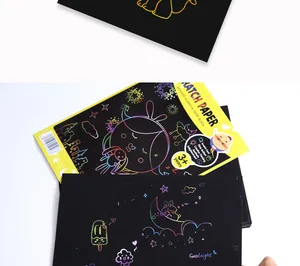 Detailed view of rainbow scratch art paper with creative drawings and packaging.