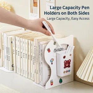 Adjustable white telescopic bookends featuring a cute bear pen holder on a study desk