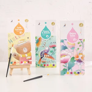 Portable DIY watercolor painting book set for kids with brushes and built-in pigments