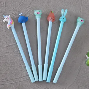 Set of 6 cute cartoon gel pens with soft silicone animal toppers for students