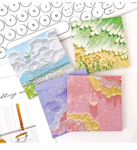 Detailed view of four artistic oil painting style sticky notes with scenery patterns.