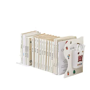 White adjustable metal desk bookend with hanging pen holder and cute cartoon bear pattern