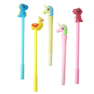 Set of cute cartoon gel pens with soft silicone animal toppers on white background